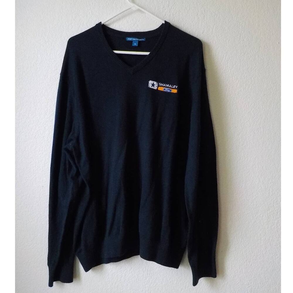 Port Authority Solid Blue V-Neck Sweater Men size XL Knit Pullover Ford Logo